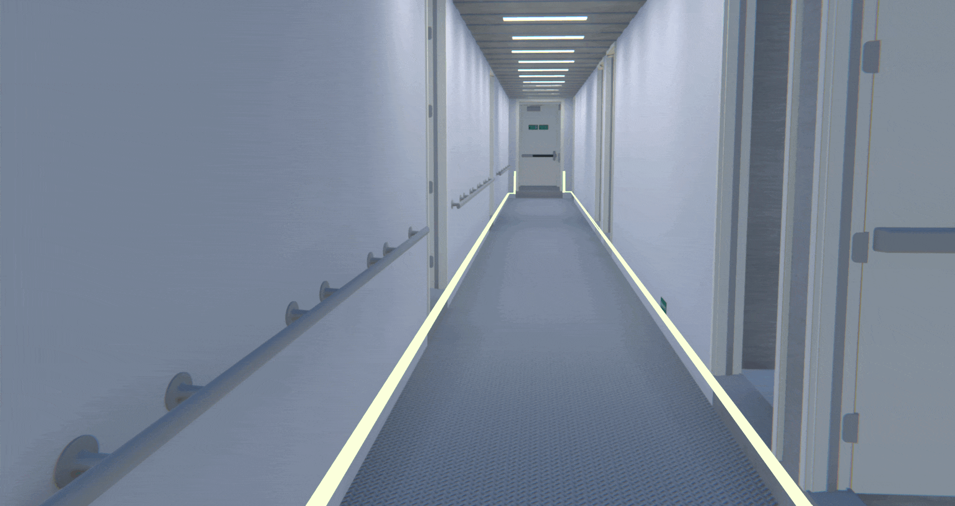 Photoluminescent low location lighting strips illuminating an escape route as the ceiling lights dim
