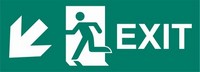 ISO 7010 E001 Exit Right-Man Run Left-Arrow Down/Left sign — Emergency / Escape safety pictogram