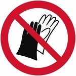 ISO 7010 P028 Do Not Wear Gloves sign — Prohibition safety pictogram