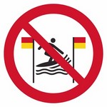 ISO 7010 P064 No Surfing Between The Red-And-Yellow Flags sign — Prohibition safety pictogram
