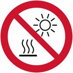 ISO 7010 P068 Do Not Expose To Direct Sunlight Or Hot Surface sign — Prohibition safety pictogram
