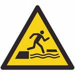 ISO 7010 W068 Warning: Falling Into Water When Stepping On Or Off A Floating Surface sign — Warning / Hazard safety pictogram